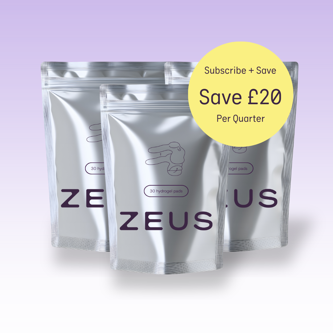 Simple 3-month supply of Zeus Hydrogel product featuring clear, flexible gel in a sleek container, designed for skin hydration.